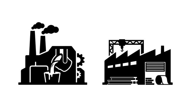 Black steel factory and metal manufacturing plant icons