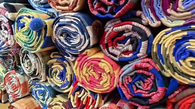 Handicraft artisan loincloth fabric bundle rolls in a stack, Cotton Cloth Textile, Traditional Asian Ethnic Fashion, Siam Clothing Market, Colorful Garment, Slow Motion, Panning Shot, Side View