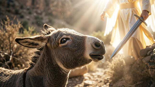 Close-up of a donkey looking at a glowing angel holding a sword. Biblical story of Balaam and the talking donkey in a rocky desert. Religious concept of divine intervention