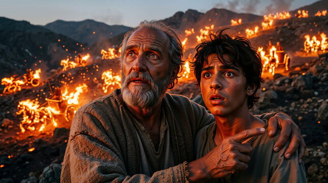 Biblical prophet Elisha and his servant looking at chariots of fire. Dramatic religious scene with glowing horses on a rocky mountain. Old and young man in ancient tunics experiencing a divine vision
