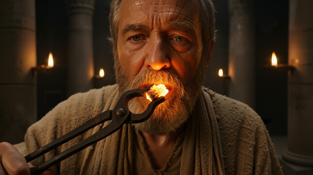 Close-up portrait of biblical prophet Isaiah with a glowing coal touching his lips. Older bearded man in ancient temple illuminated by burning fire from metal tongs. Religious purification concept