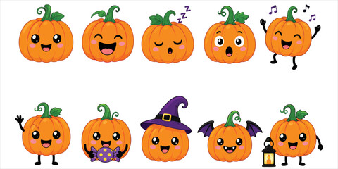 Naklejka premium Cute pumpkin characters with various expressions and costumes on a white background