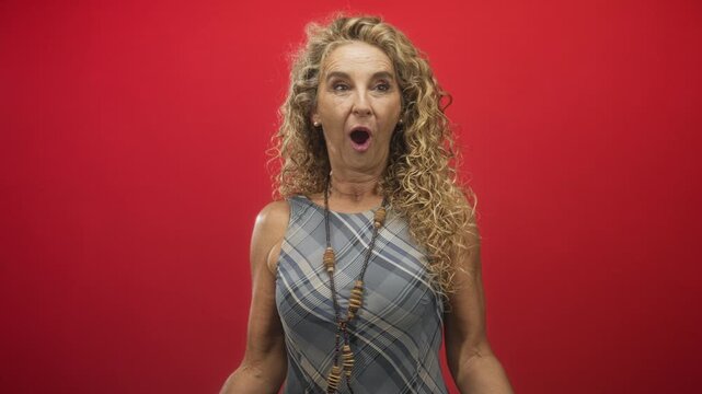 Middle age blonde woman with open mouth gasping, wearing beaded necklace and sleeveless plaid dress in studio; surprise reaction.