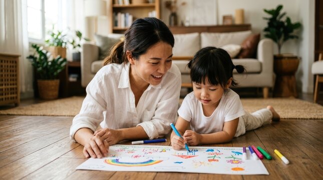 A caring asian mother teaching her young son at home to celebrate teacher's day by learning together on the living room floor