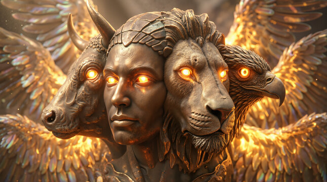 Ezekiel's vision of the four living creatures. Metallic sculpture of a cherubim with faces of a human, lion, ox, and eagle. Biblical religion concept with glowing eyes and feathered wings