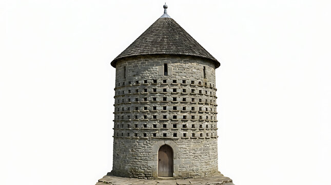 Ancient cylindrical stone pigeon house or dovecote isolated on white background