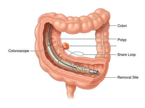 Colonoscopy showing polyp removal with snare loop isolated on white background
