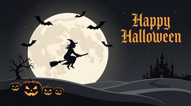A spooky halloween scene with a silhouetted witch flying across a bright full moon and a haunted castle