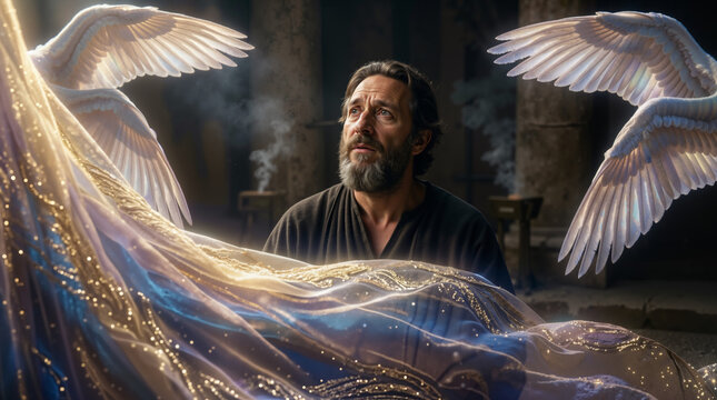 Prophet Isaiah's vision of the Lord on the throne in the temple. Biblical scene of a man looking up in awe at divine seraphim wings and glowing golden robe. Old Testament religious art