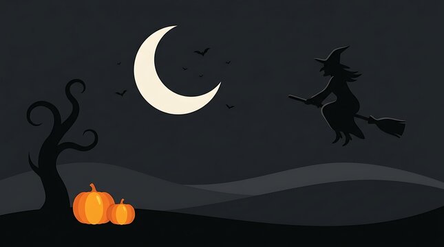 Spooky halloween night scene with a crescent moon silhouetted trees pumpkins and a witch on a broomstick