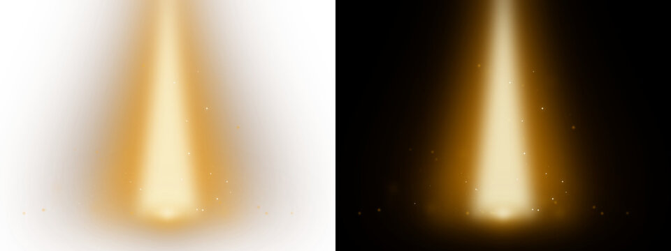 Golden spotlight beams illuminate a dark space on transparent background illumination radiance glow light yellow shine emission flare radiant gleaming sparkle bright vibrant dramatic