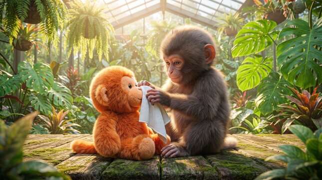 Heartwarming Baby Monkey Gently Wiping a Stuffed Toy's Face in a Lush Sunlit Botanical Greenhouse &ndash; Caring Wildlife and Friendship Concept