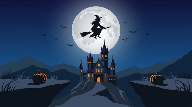 Silhouette of a witch flying on a broomstick in front of a haunted castle under a full moon