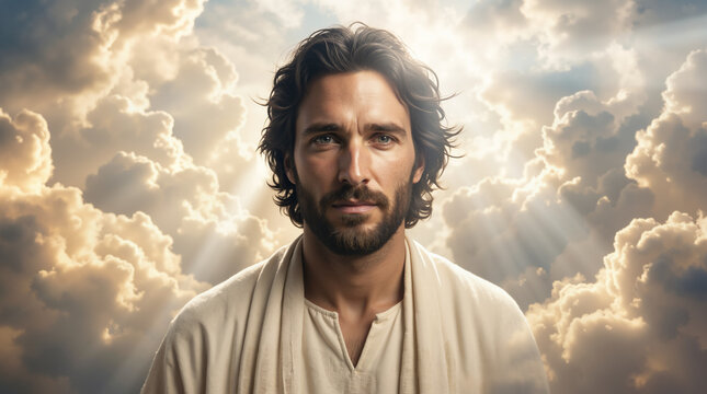 Portrait of Jesus Christ as the Son of Man coming with clouds. Biblical representation of the second coming of Christ with divine light rays in the sky. Christian faith concept