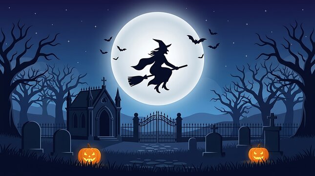A silhouetted witch flies across a full moon over a spooky graveyard on a halloween night scene