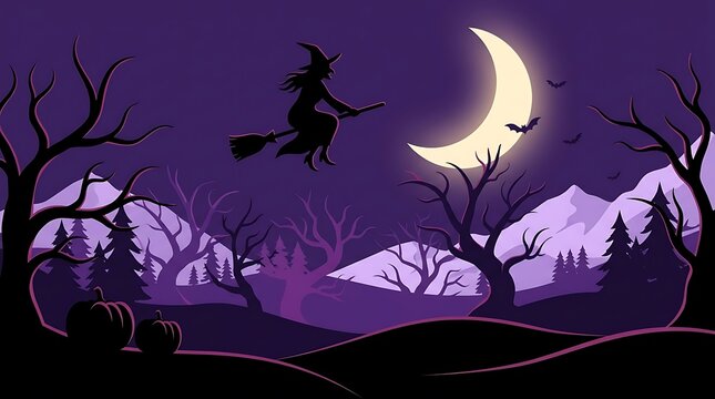 A dark silhouette of a witch is seen flying on a broomstick in front of a glowing crescent moon and a winter scene