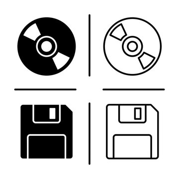Set of floppy disk and compact disc icons in black and white