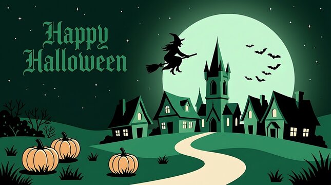 Spooky halloween night scene with a haunted castle silhouetted against a large full moon and winding path