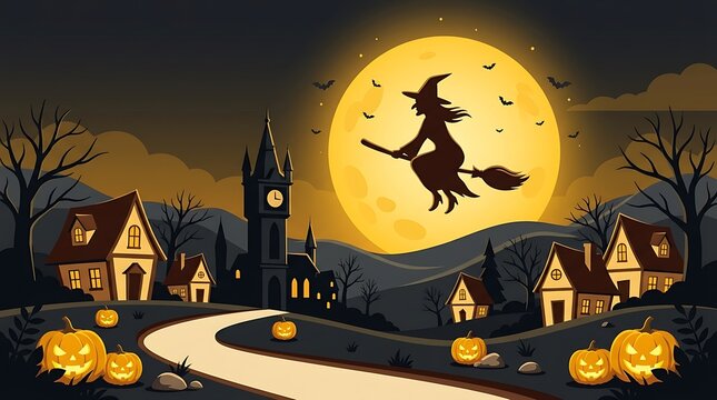 A spooky halloween night scene featuring a silhouetted witch flying across a bright full moon over a town