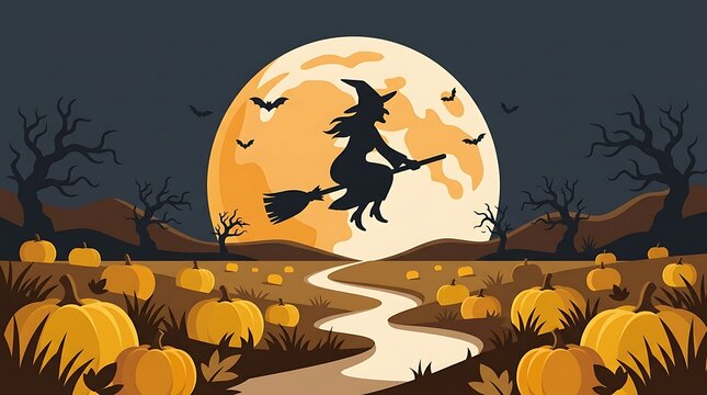 Silhouette of a witch flying on a broomstick in front of a large full moon with pumpkins below