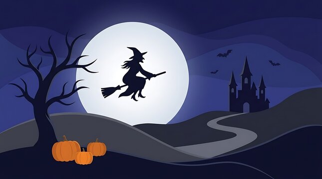 Spooky halloween scene with a silhouetted witch flying in front of a full moon and winding road