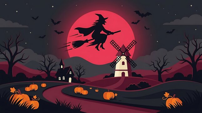 Spooky halloween scene with a witch on a broomstick flying in front of a full moon and haunted house