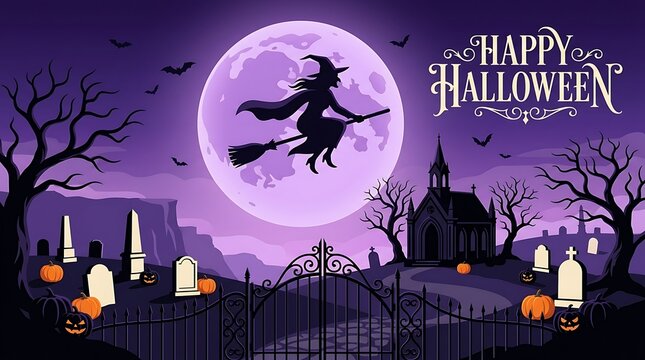 Silhouette of a witch flying on a broomstick against a full moon and spooky halloween graveyard scene