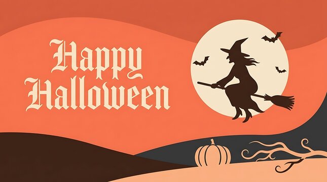 Festive halloween illustration featuring a silhouetted witch flying in front of a full moon and spooky landscape
