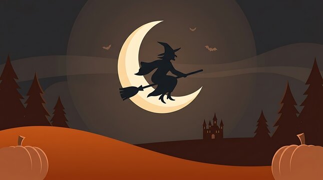 A whimsical illustration of a silhouetted witch flying on a crescent moon with pumpkins below for halloween
