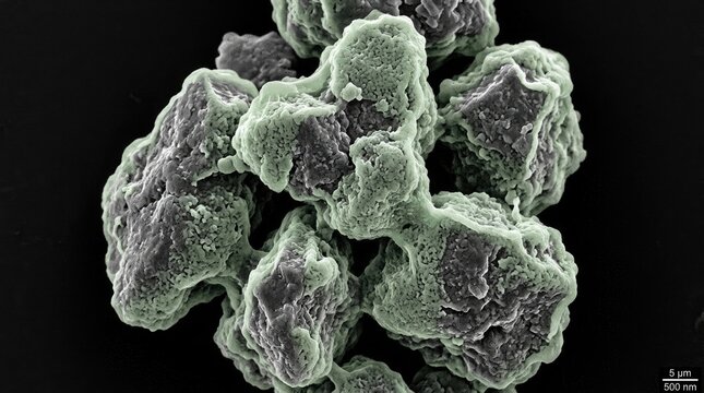 Solid electrolyte interphase layer forming over irregular carbon graphite particles, translucent film growth demonstrating protective passivation during secondary battery cell cycling.