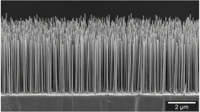 Silicon nanowire anode forest growing vertically on current collector substrate, sem micrograph demonstrating highly nanostructured lithium battery electrode surface maximizing active contact area.