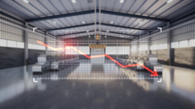 Steel warehouse footage featuring declining financial graph overlay, falling market trend, reduced demand, business loss, metal industry slowdown, manufacturing recession, lower revenue.