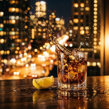 Dynamic splash of whiskey in a crystal glass with ice and lemon on a rooftop bar overlooking city night lights
