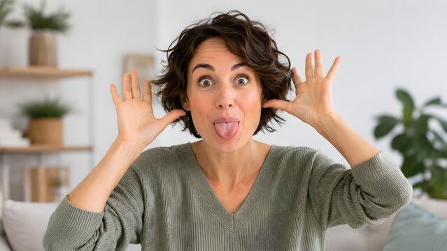 Playful woman making funny faces with hands by ears and tongue sticking out