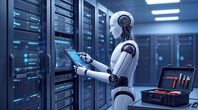 Automated humanoid robot performing maintenance in modern data center. AI technician using digital tablet to monitor server racks and cloud infrastructure.