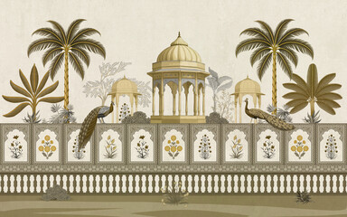 Mughal garden vector illustration in sepia tone with golden palace domes, peacocks, and palm trees © kalakarilife