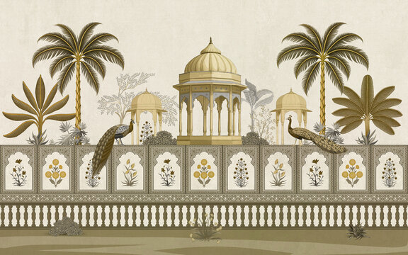 Mughal garden vector illustration in sepia tone with golden palace domes, peacocks, and palm trees