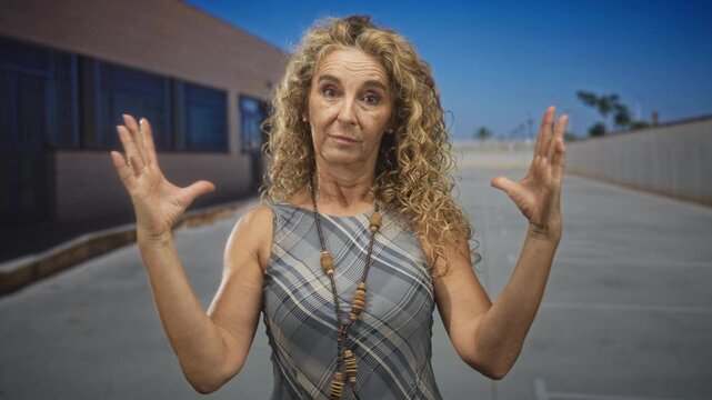 Woman raises hands palms out showing open gesture with beaded necklace in front of building; surprise puzzlement.