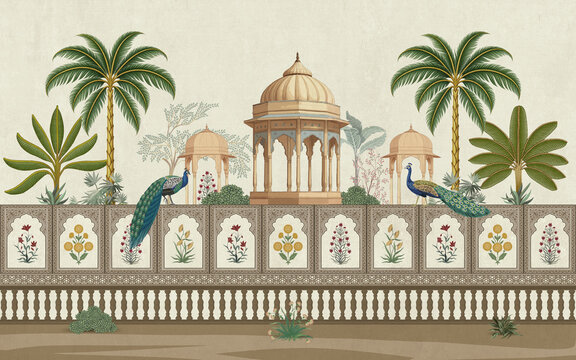 Mughal garden vector illustration with traditional palace domes, peacocks, palm trees, and floral border