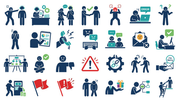 Set of business conflict and problem icons including workplace bullying, communication issues, technical errors, and management challenges