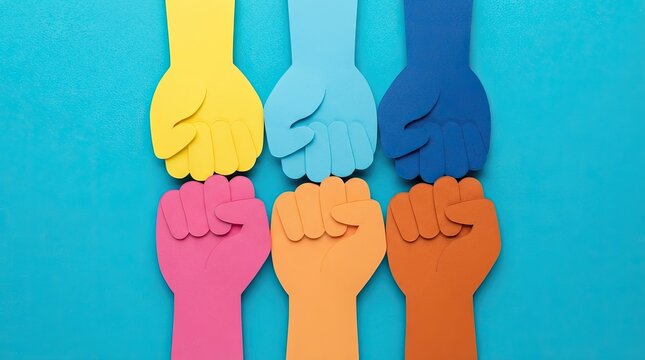 Colorful paper cutout fists representing unity and diversity for a creative labour day celebration concept on blue
