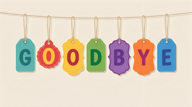 Colorful paper tags spelling goodbye strung on a line against a light background with playful font