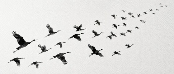 Obraz premium Flock of cranes in flight against a textured white background