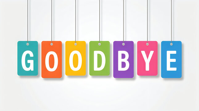 Colorful hanging tags forming the word GOODBYE in a clean white background with soft lighting