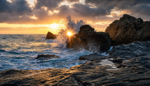 Serene ocean sunset with waves crashing against rugged rocky shores under a cloudy sky