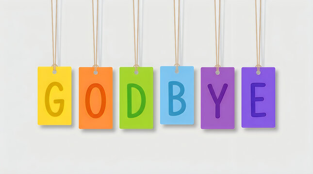 Colorful tags spelling goodbye hanging against a white background with soft lighting and copy space