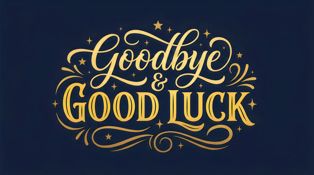 Elegant golden lettering Goodbye and Good Luck text with stars and swirls on a deep blue background