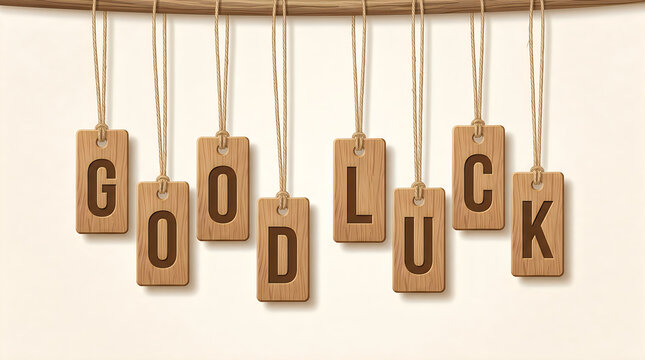 Wooden tags with letters spelling GOOD LUCK hanging on a rope against a plain background