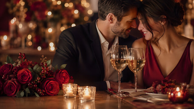 Romantic Couple Enjoying an Intimate Date Night with Wine and Red Roses in a Warmly Lit Atmosphere