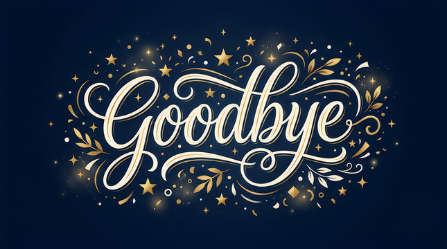 Elegant script phrase Goodbye with golden floral accents and bokeh lights on dark blue background